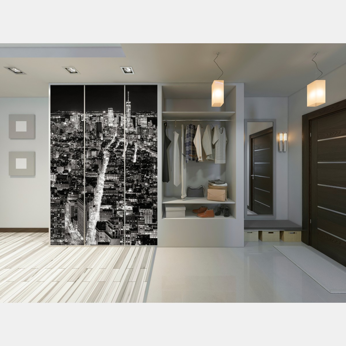 Naklejka na szafę monochromatyczna panorama miasta nocą – Wallissimo® Naklejka na szafę monochromatyczna panorama miasta nocą – Wallissimo®