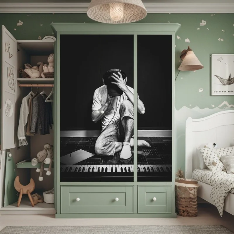 Naklejka na szafę introwertyczny muzyk przy klawiaturze – Wallissimo® Naklejka na szafę introwertyczny muzyk przy klawiaturze – Wallissimo®