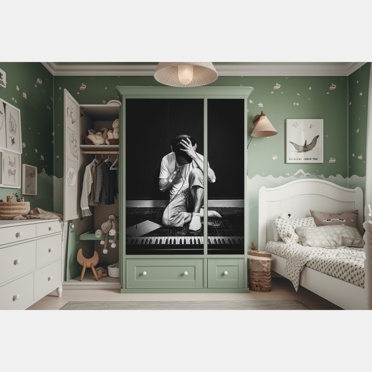 Naklejka na szafę introwertyczny muzyk przy klawiaturze – Wallissimo® Naklejka na szafę introwertyczny muzyk przy klawiaturze – Wallissimo®