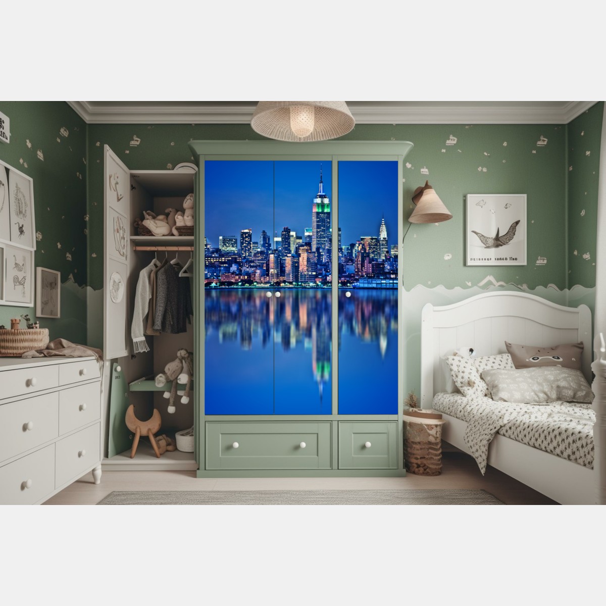 Naklejka na szafę Nowy Jork nocna panorama z odbiciem – Wallissimo® Naklejka na szafę Nowy Jork nocna panorama z odbiciem – Wallissimo®