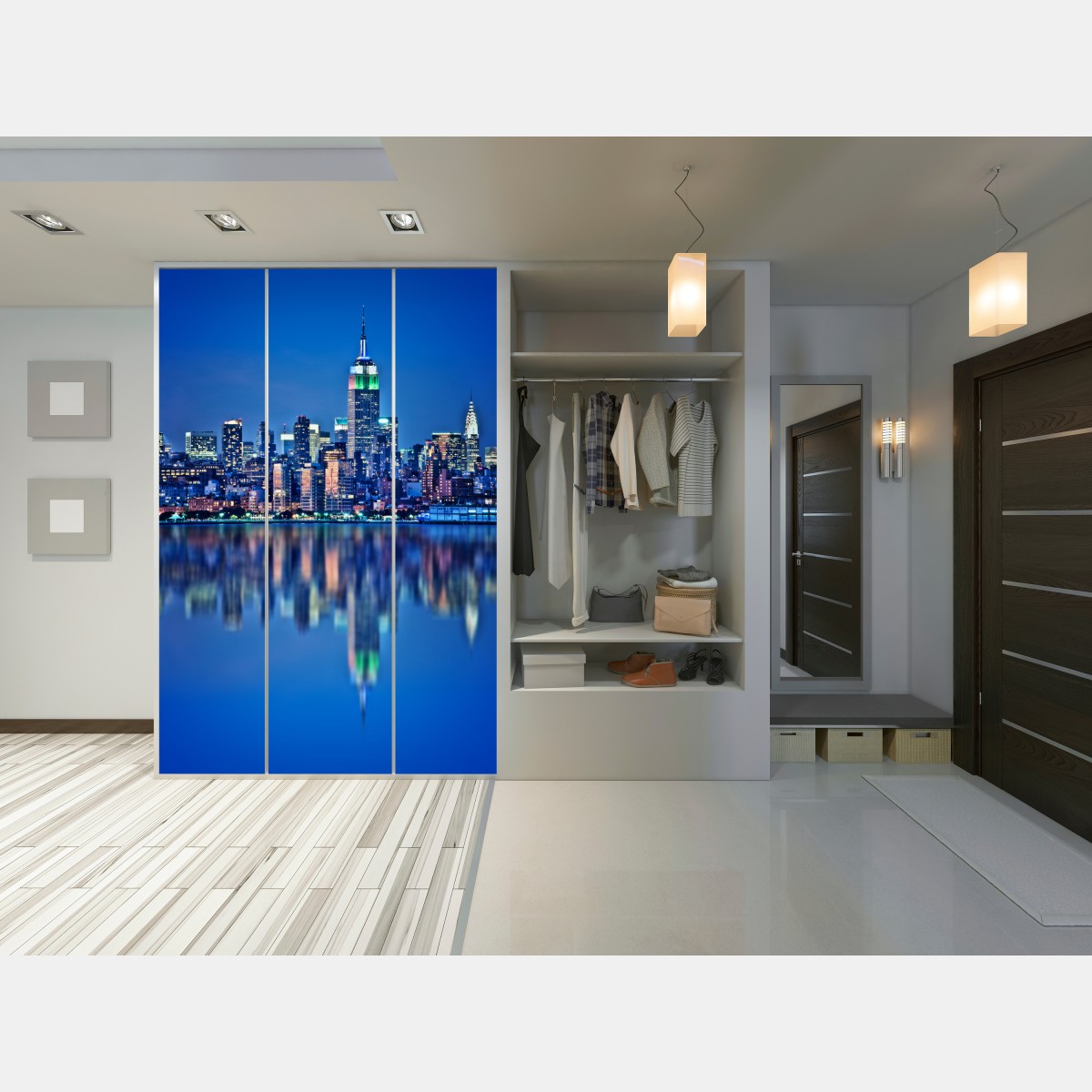 Naklejka na szafę Nowy Jork nocna panorama z odbiciem – Wallissimo® Naklejka na szafę Nowy Jork nocna panorama z odbiciem – Wallissimo®