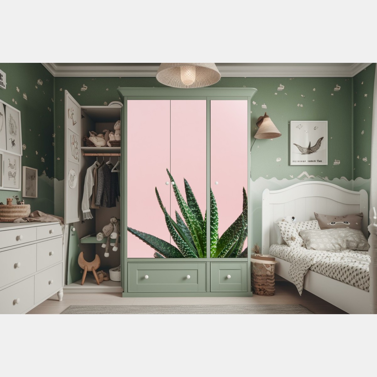 Naklejka na szafę zielony aloes na różowym tle – Wallissimo® Naklejka na szafę zielony aloes na różowym tle – Wallissimo®