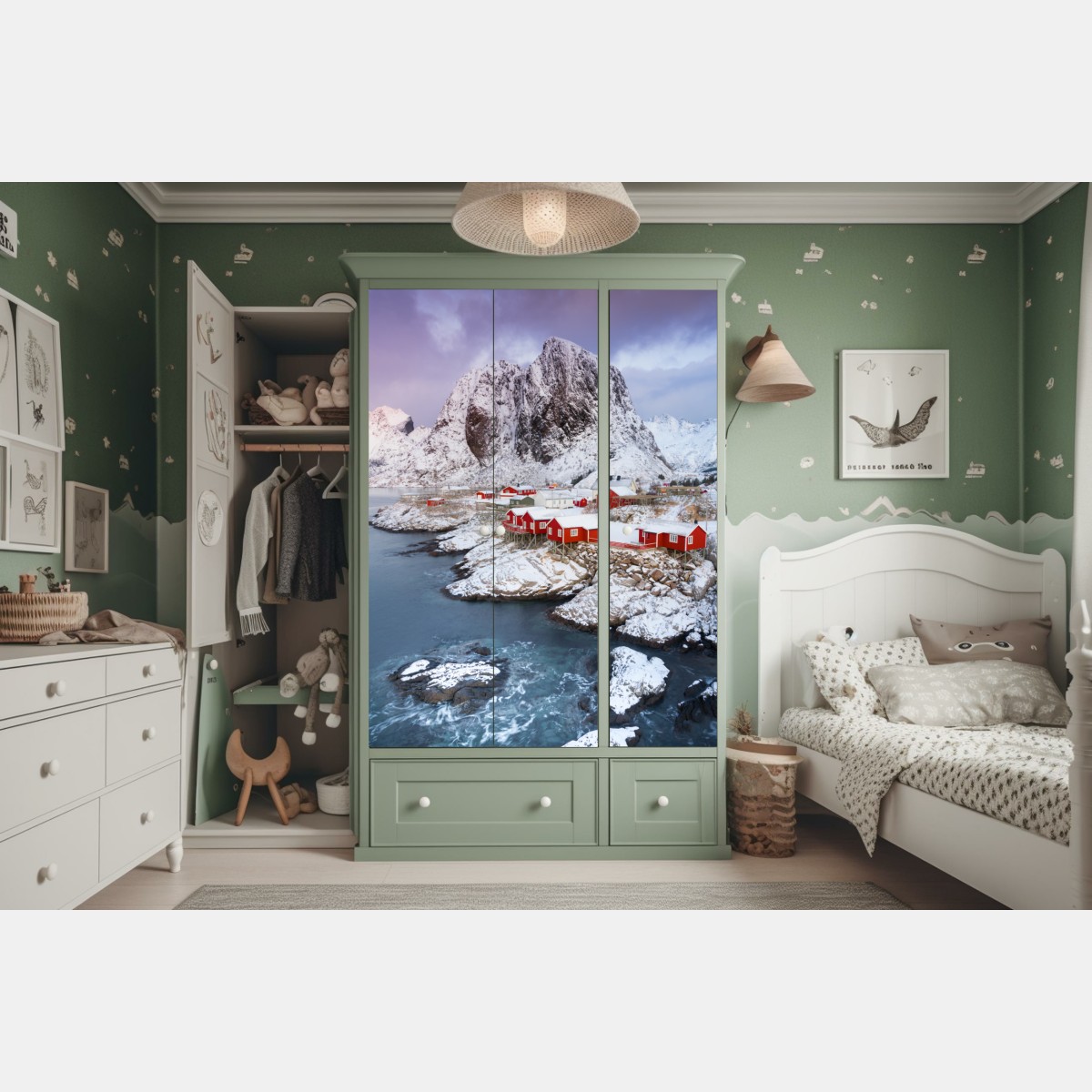 Naklejka na szafę czerwone domki nad zaśnieżoną górą – Wallissimo® Naklejka na szafę czerwone domki nad zaśnieżoną górą – Wallissimo®