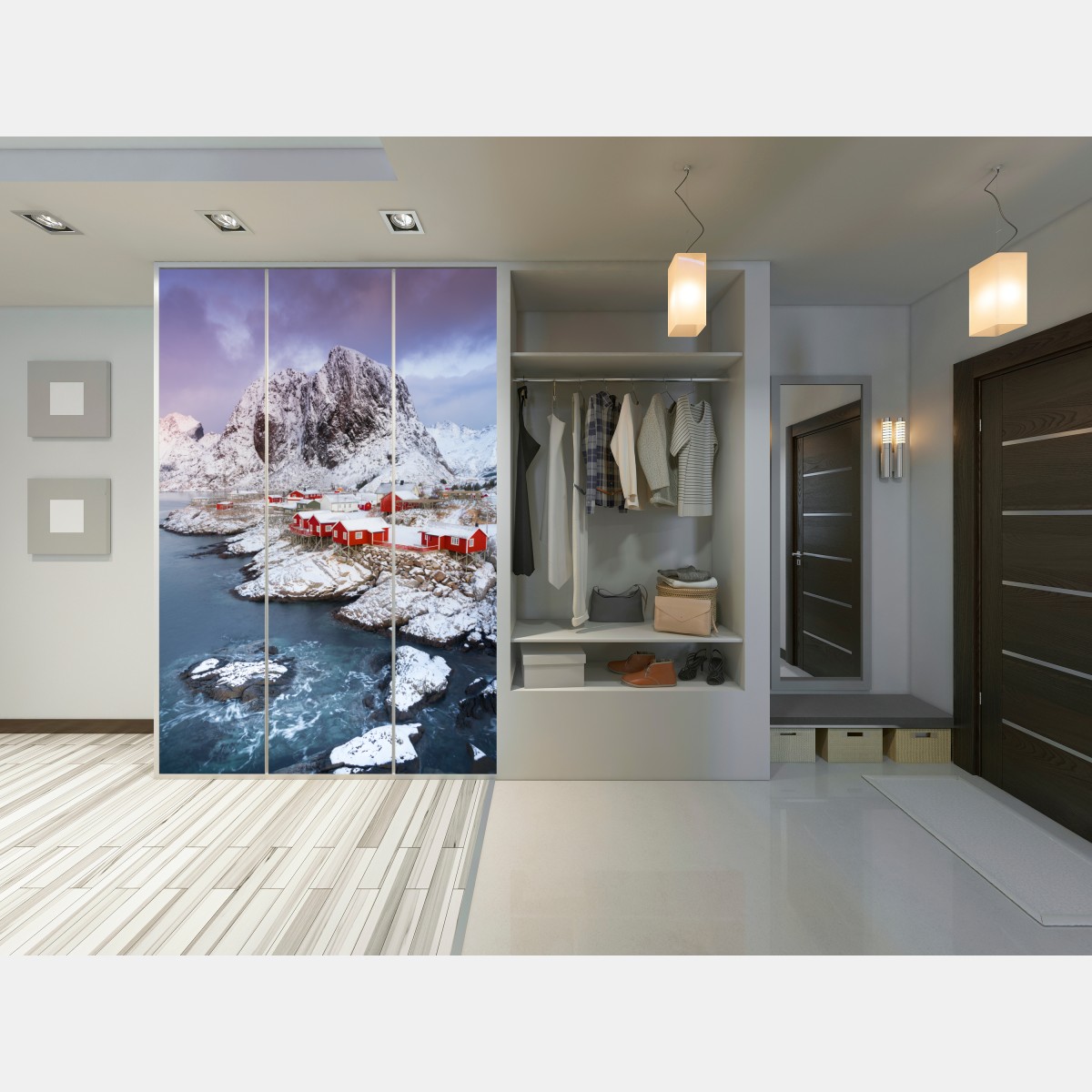 Naklejka na szafę czerwone domki nad zaśnieżoną górą – Wallissimo® Naklejka na szafę czerwone domki nad zaśnieżoną górą – Wallissimo®