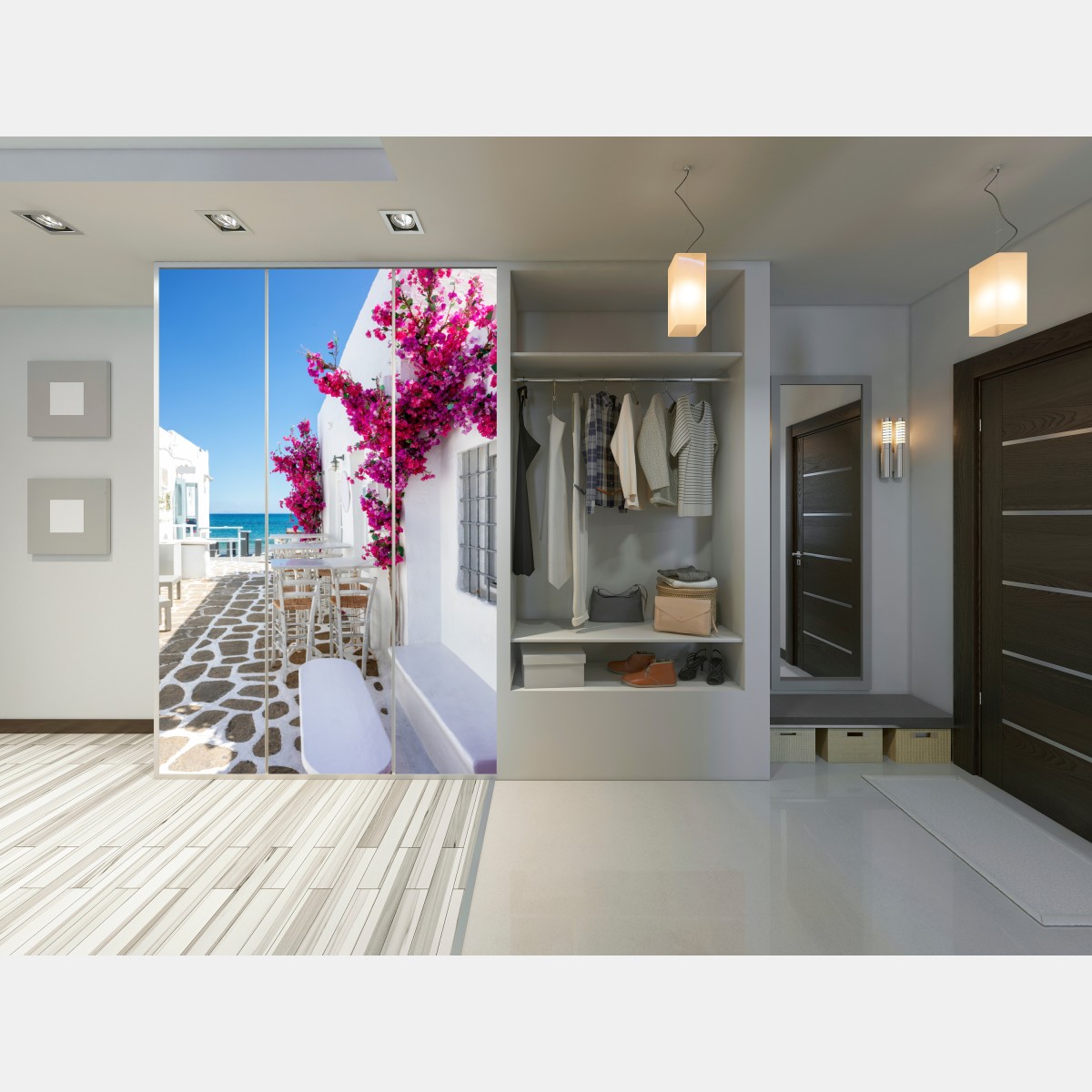 Naklejka na szafę słoneczna śródziemnomorska alejka z bugenwillą – Wallissimo® Naklejka na szafę słoneczna śródziemnomorska alejka z bugenwillą – Wallissimo®