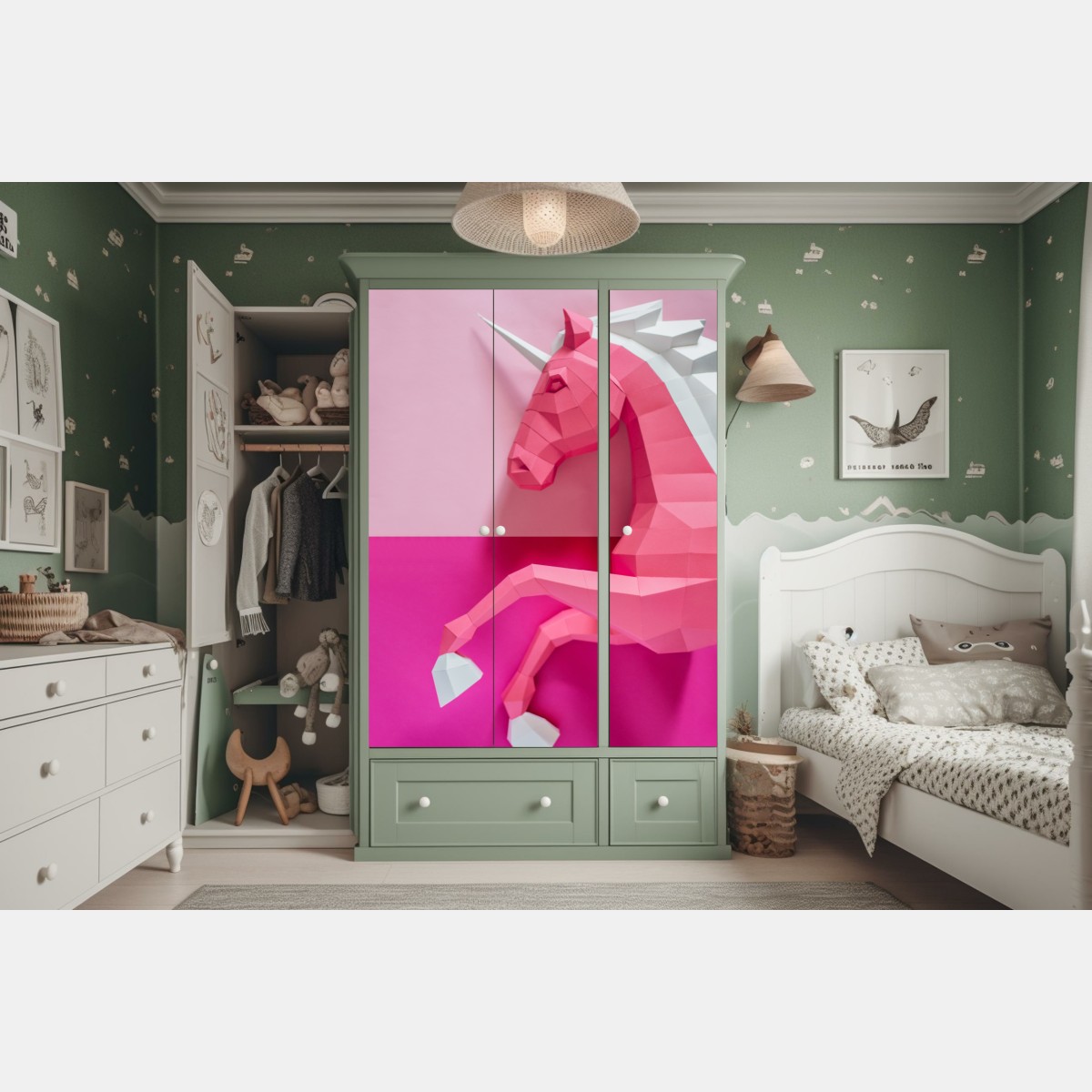 Naklejka na szafę różowy geometryczny jednorożec – Wallissimo® Naklejka na szafę różowy geometryczny jednorożec – Wallissimo®