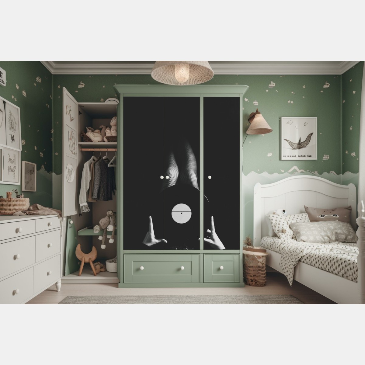 Naklejka na szafę płyta winylowa i nogi w kabaretkach – Wallissimo® Naklejka na szafę płyta winylowa i nogi w kabaretkach – Wallissimo®