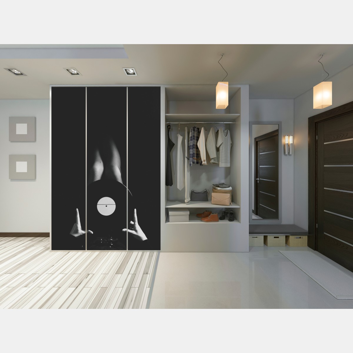 Naklejka na szafę płyta winylowa i nogi w kabaretkach – Wallissimo® Naklejka na szafę płyta winylowa i nogi w kabaretkach – Wallissimo®