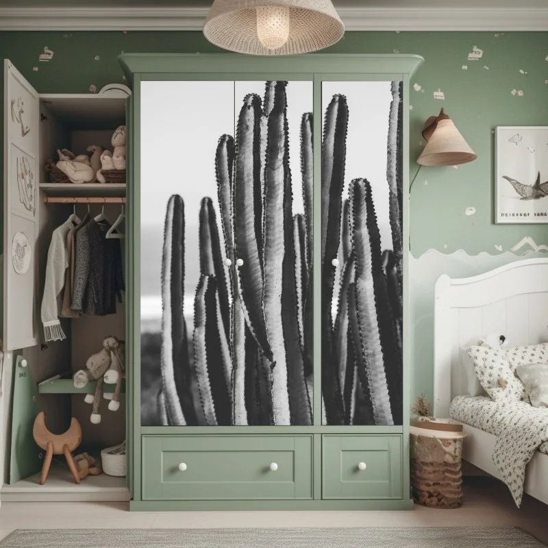 Naklejka na szafę czarno-biały kaktus w zbliżeniu – Wallissimo® Naklejka na szafę czarno-biały kaktus w zbliżeniu – Wallissimo®