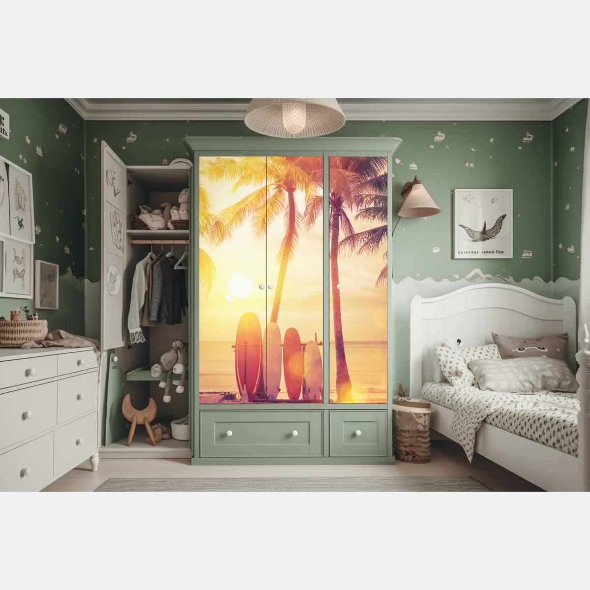 Naklejka na szafę tropikalny zachód słońca z deskami surfingowymi – Wallissimo® Naklejka na szafę tropikalny zachód słońca z deskami surfingowymi – Wallissimo®