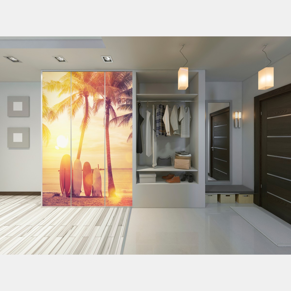 Naklejka na szafę tropikalny zachód słońca z deskami surfingowymi – Wallissimo® Naklejka na szafę tropikalny zachód słońca z deskami surfingowymi – Wallissimo®