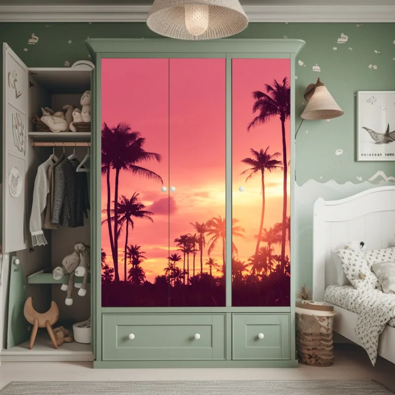 Naklejka na szafę różowy tropikalny zachód słońca z palmami – Wallissimo® Naklejka na szafę różowy tropikalny zachód słońca z palmami – Wallissimo®