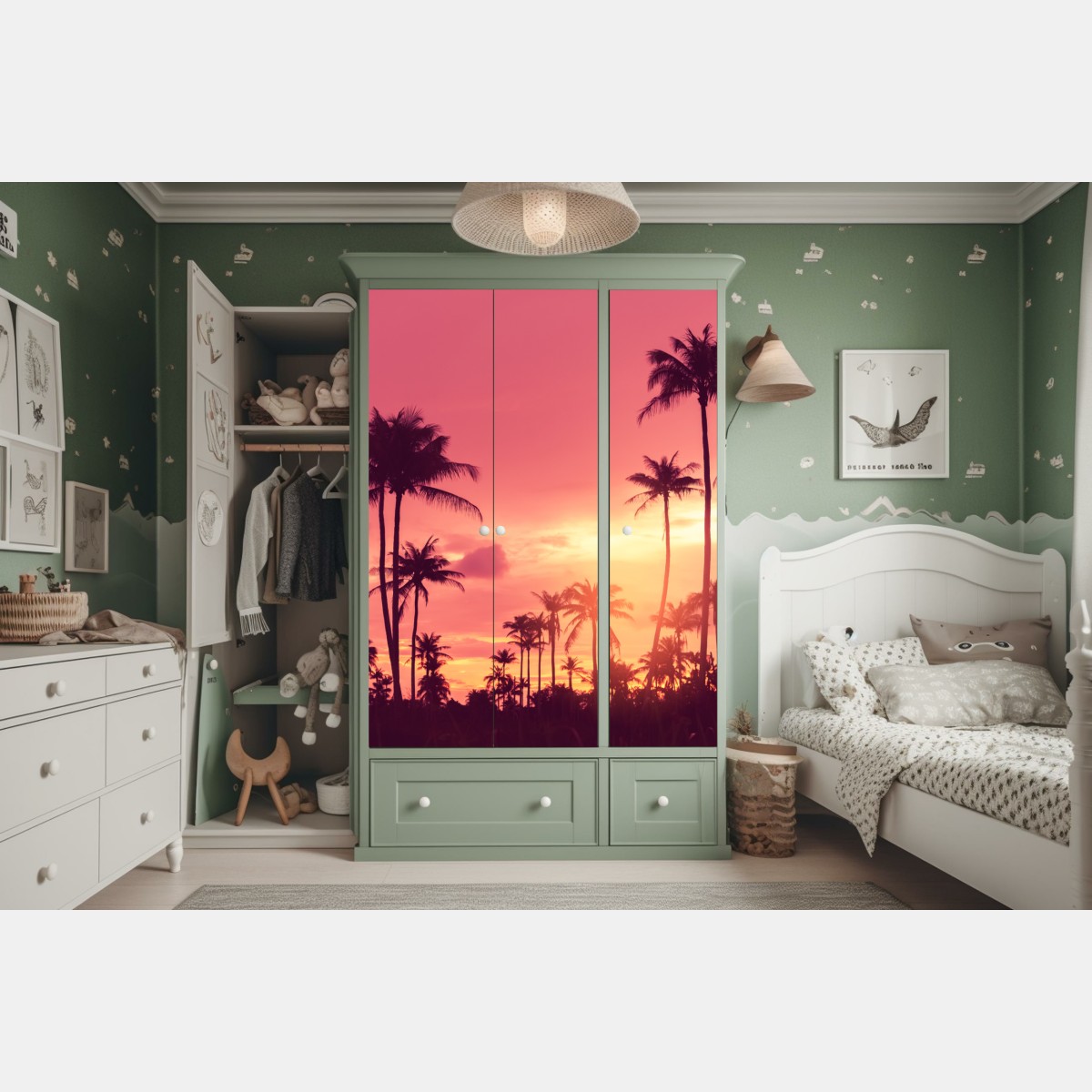 Naklejka na szafę różowy tropikalny zachód słońca z palmami – Wallissimo® Naklejka na szafę różowy tropikalny zachód słońca z palmami – Wallissimo®