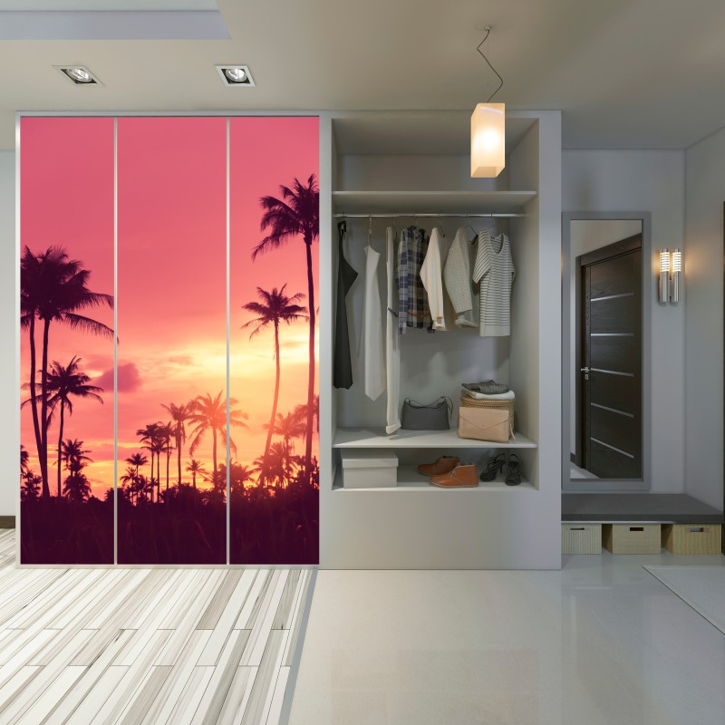 Naklejka na szafę różowy tropikalny zachód słońca z palmami – Wallissimo® Naklejka na szafę różowy tropikalny zachód słońca z palmami – Wallissimo®