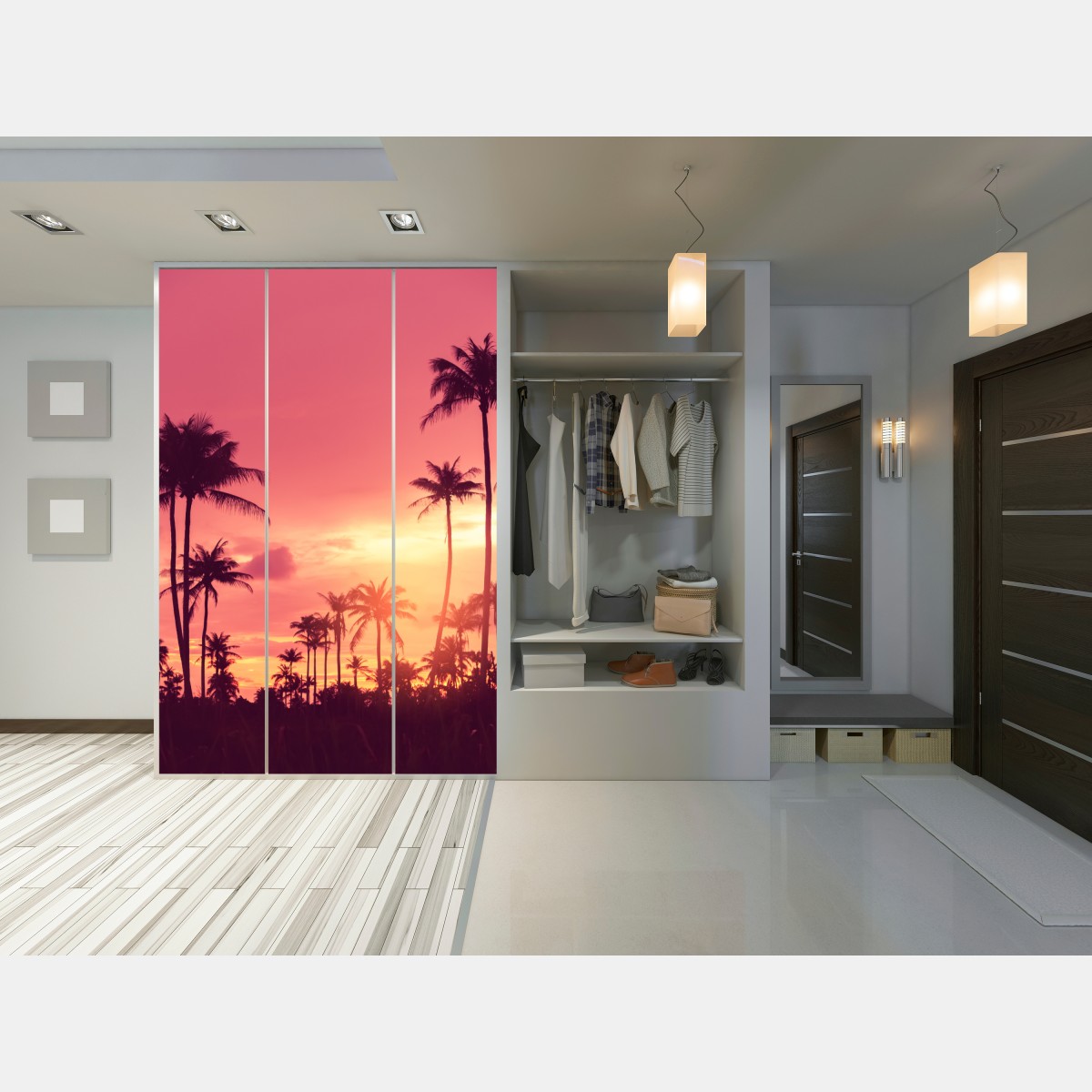 Naklejka na szafę różowy tropikalny zachód słońca z palmami – Wallissimo® Naklejka na szafę różowy tropikalny zachód słońca z palmami – Wallissimo®