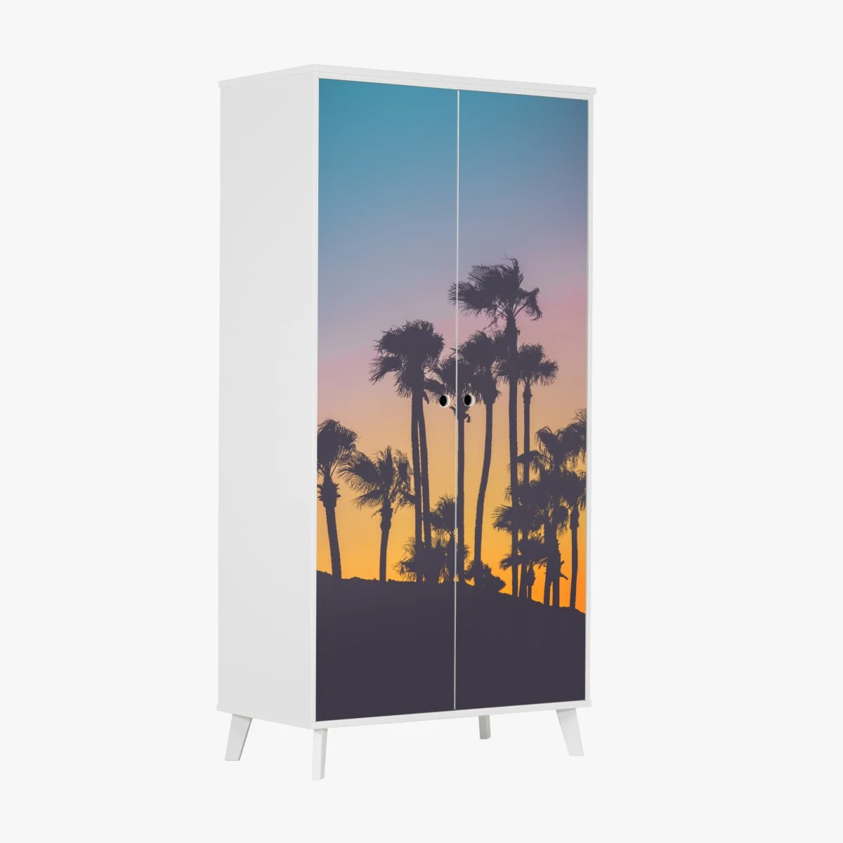 Naklejka na szafę retro tropikalne palmy o zachodzie słońca – Wallissimo® Naklejka na szafę retro tropikalne palmy o zachodzie słońca – Wallissimo®
