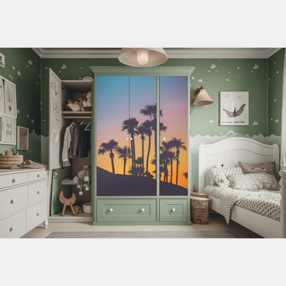 Naklejka na szafę retro tropikalne palmy o zachodzie słońca – Wallissimo® Naklejka na szafę retro tropikalne palmy o zachodzie słońca – Wallissimo®