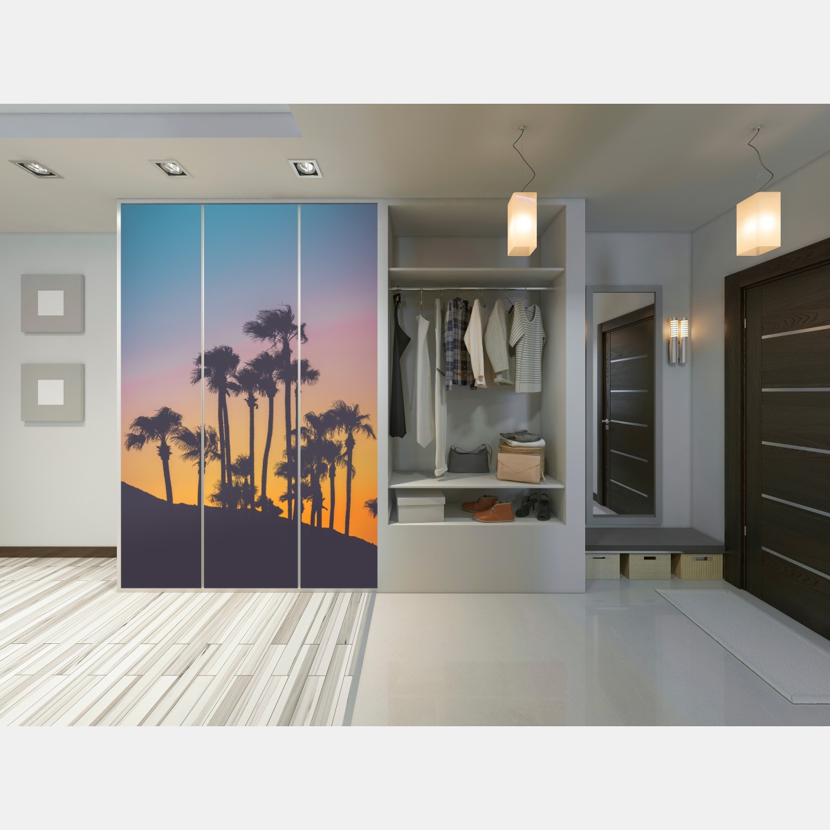 Naklejka na szafę retro tropikalne palmy o zachodzie słońca – Wallissimo® Naklejka na szafę retro tropikalne palmy o zachodzie słońca – Wallissimo®