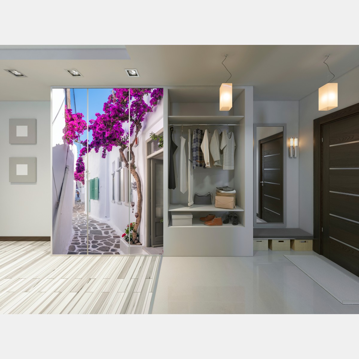 Naklejka na szafę słoneczna śródziemnomorska uliczka z bugenwillą – Wallissimo® Naklejka na szafę słoneczna śródziemnomorska uliczka z bugenwillą – Wallissimo®