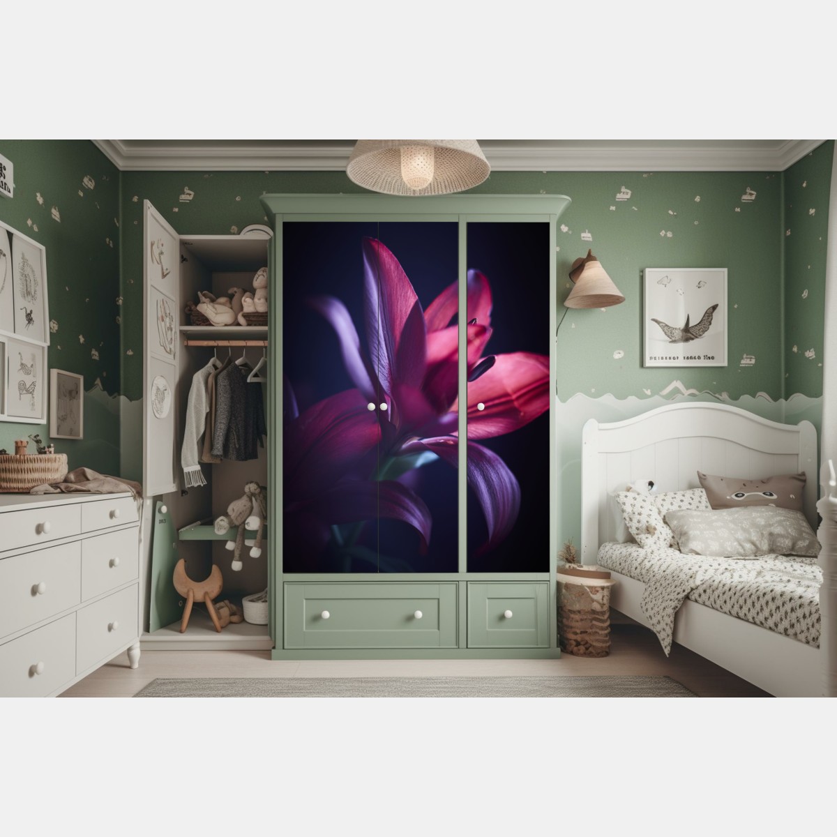 Naklejka na szafę czerwona lilia w półmroku – Wallissimo® Naklejka na szafę czerwona lilia w półmroku – Wallissimo®