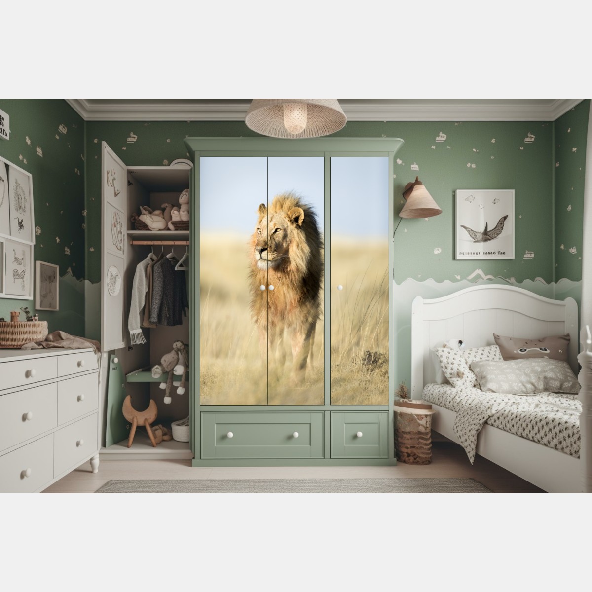 Naklejka na szafę majestatyczny lew na sawannie – Wallissimo® Naklejka na szafę majestatyczny lew na sawannie – Wallissimo®