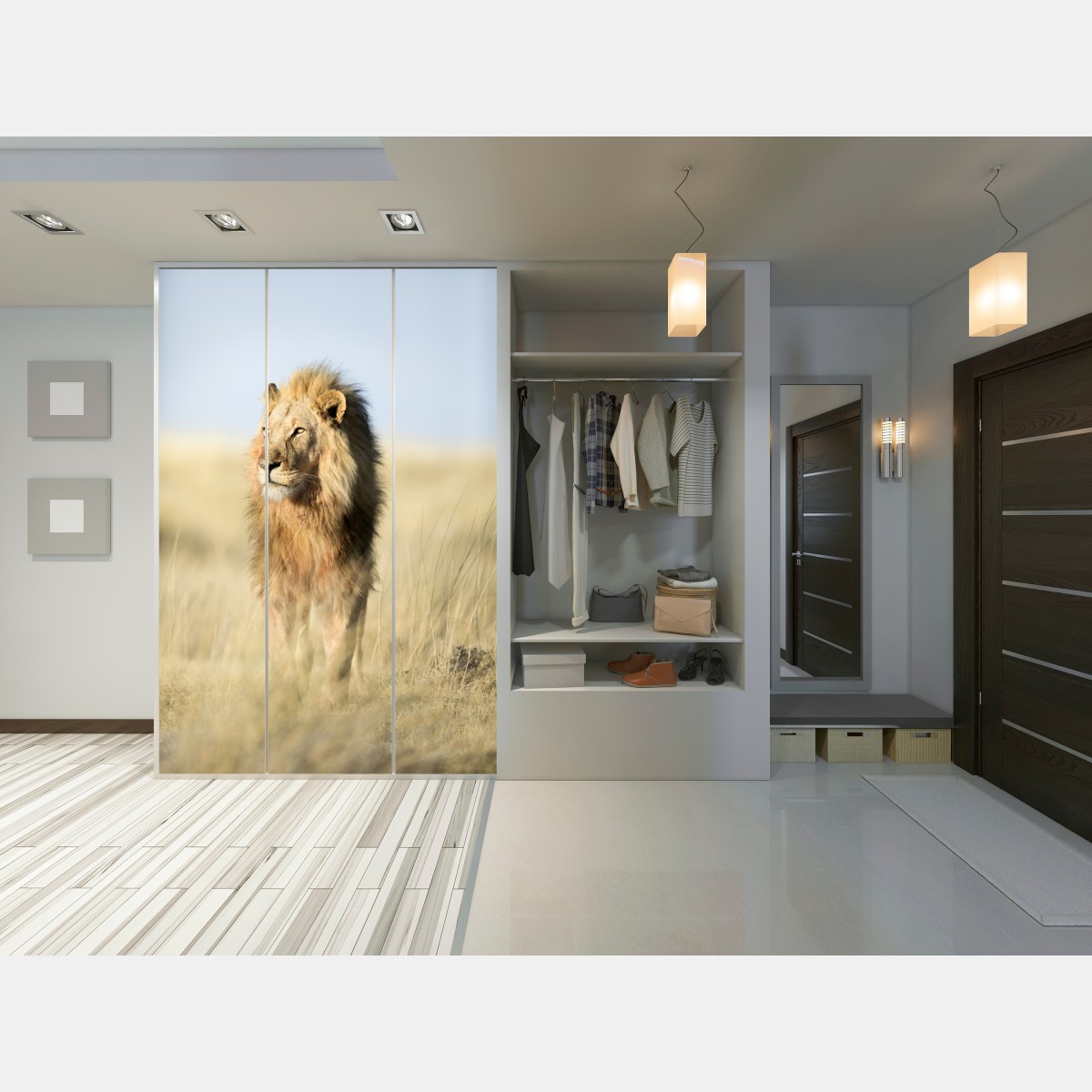 Naklejka na szafę majestatyczny lew na sawannie – Wallissimo® Naklejka na szafę majestatyczny lew na sawannie – Wallissimo®