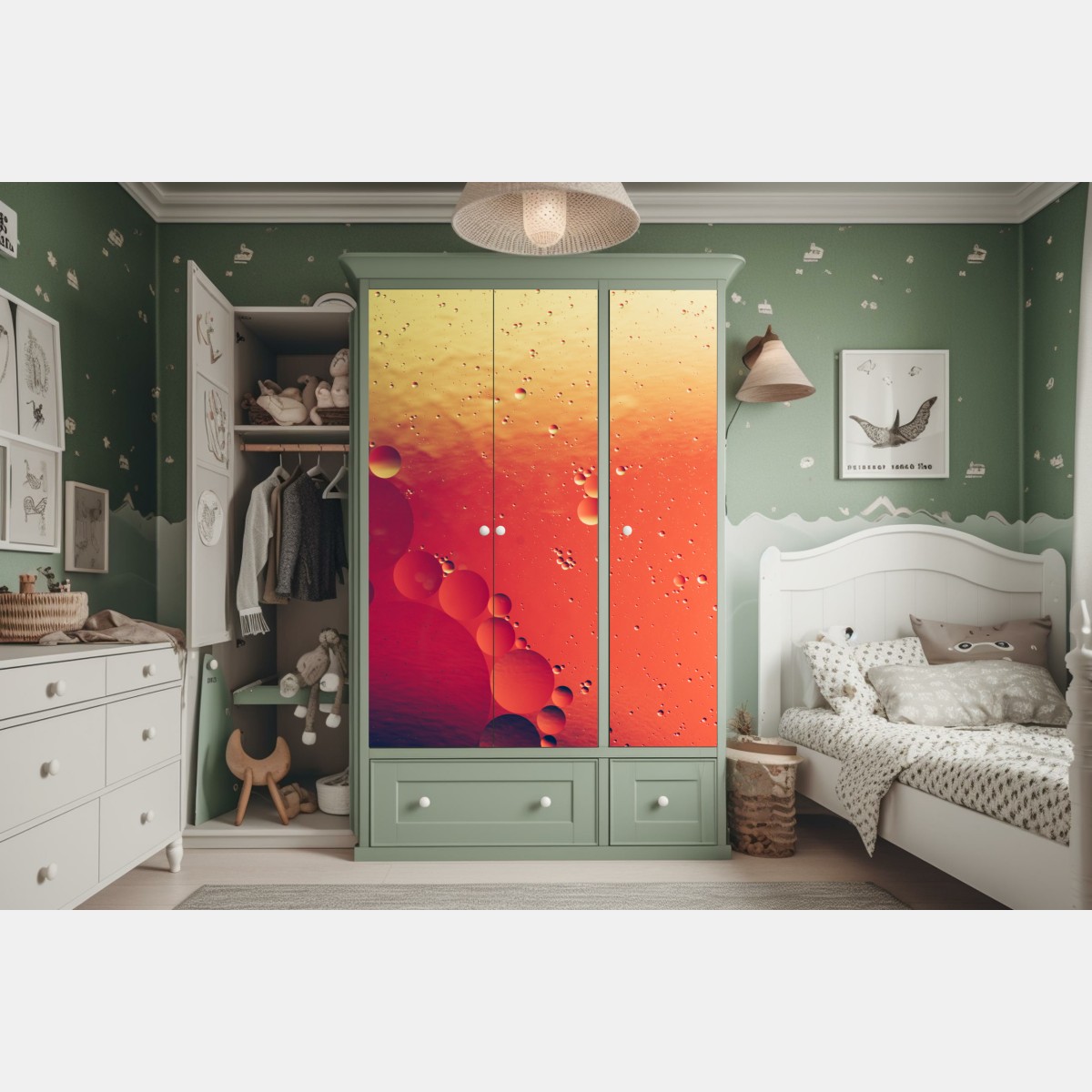 Naklejka na szafę ciepła pomarańczowa abstrakcja z bąbelkami – Wallissimo® Naklejka na szafę ciepła pomarańczowa abstrakcja z bąbelkami – Wallissimo®