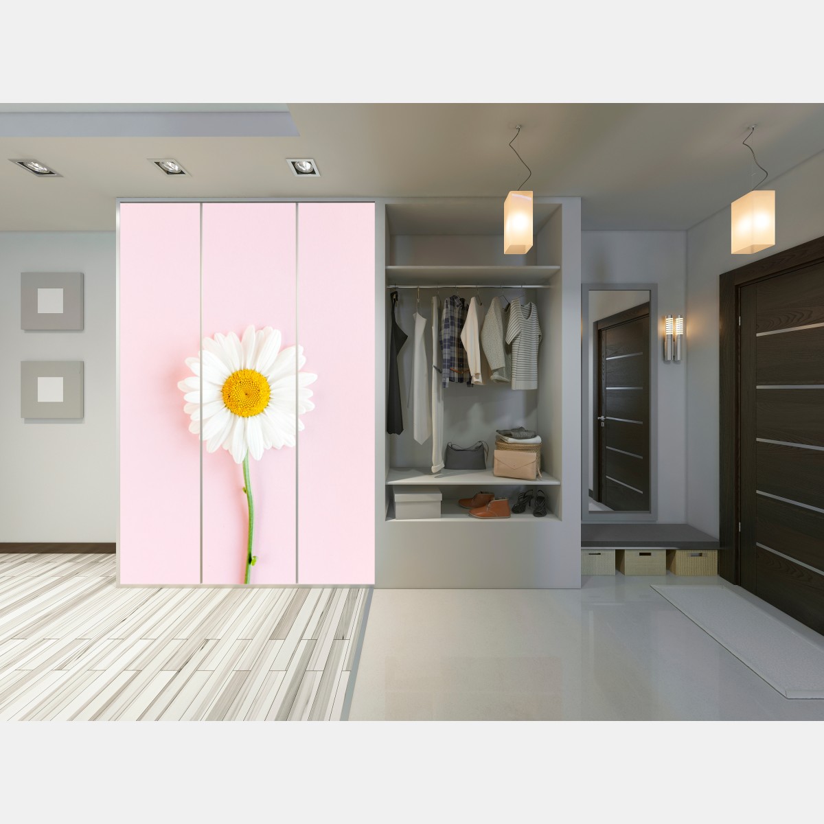 Naklejka na szafę biała stokrotka na pastelowym różowym tle – Wallissimo® Naklejka na szafę biała stokrotka na pastelowym różowym tle – Wallissimo®