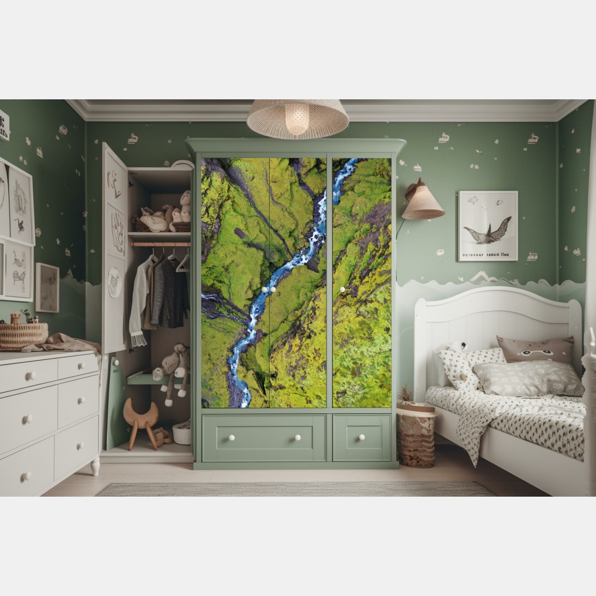 Naklejka na szafę rzeka z lotu ptaka w mchem porośniętym wąwozie – Wallissimo® Naklejka na szafę rzeka z lotu ptaka w mchem porośniętym wąwozie – Wallissimo®