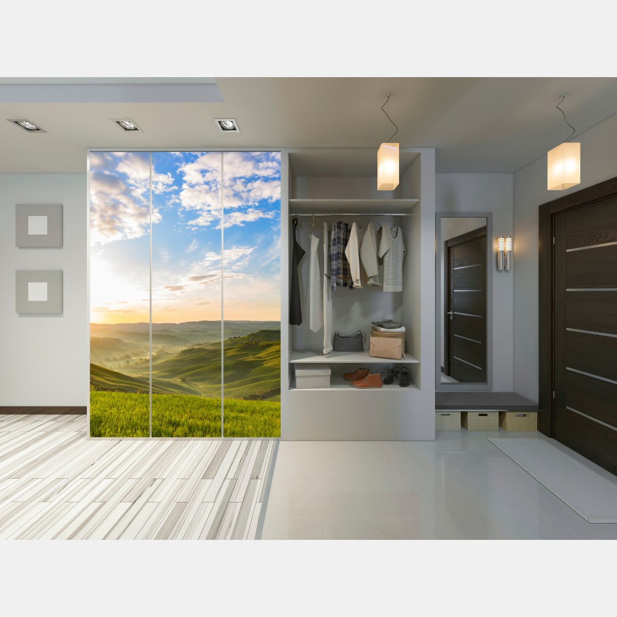 Naklejka na szafę wschód słońca nad mglistymi pagórkami – Wallissimo® Naklejka na szafę wschód słońca nad mglistymi pagórkami – Wallissimo®