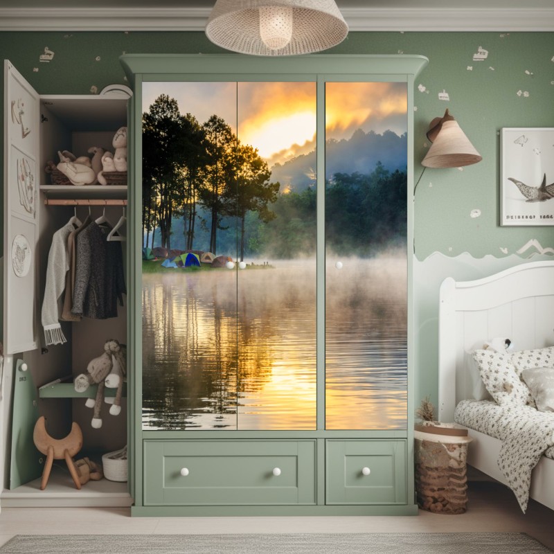 Naklejka na szafę karawana wielbłądów o zachodzie słońca na pustyni – Wallissimo®