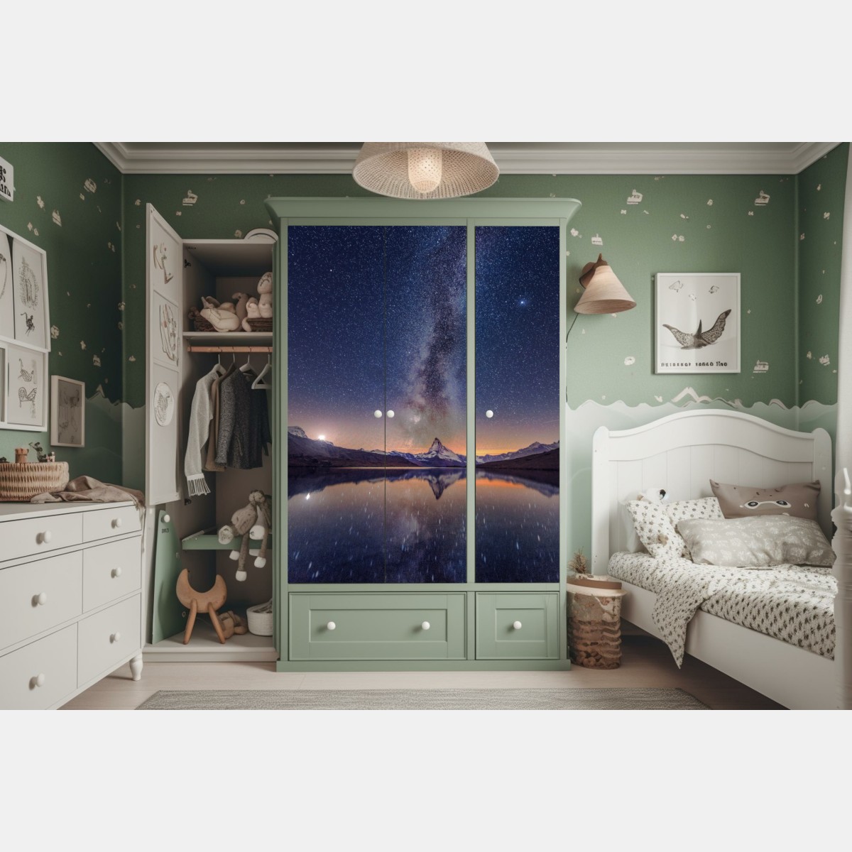 Naklejka na szafę droga mleczna nad alpejskim szczytem odbita w jeziorze – Wallissimo® Naklejka na szafę droga mleczna nad alpejskim szczytem odbita w jeziorze – Wallissimo®