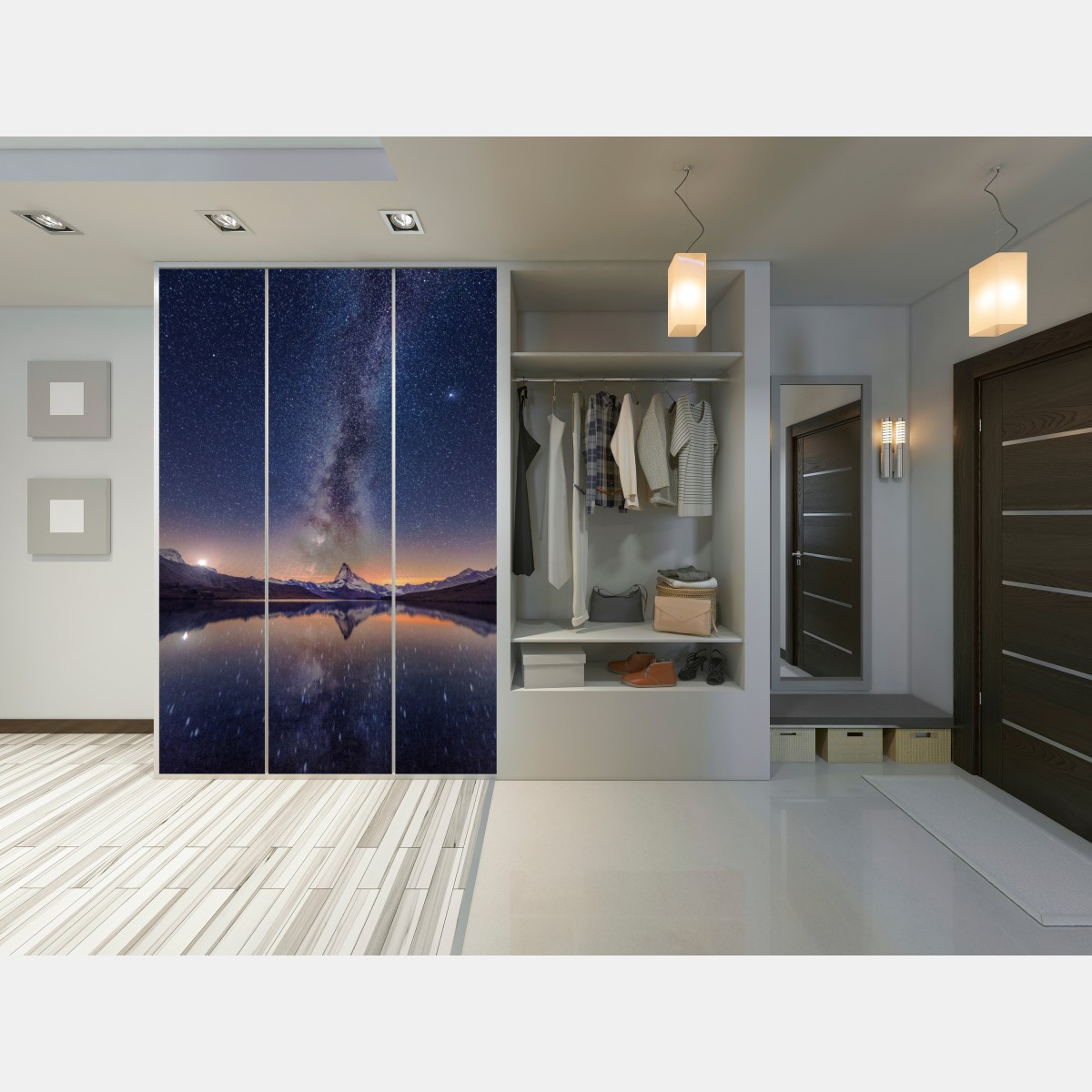 Naklejka na szafę droga mleczna nad alpejskim szczytem odbita w jeziorze – Wallissimo® Naklejka na szafę droga mleczna nad alpejskim szczytem odbita w jeziorze – Wallissimo®