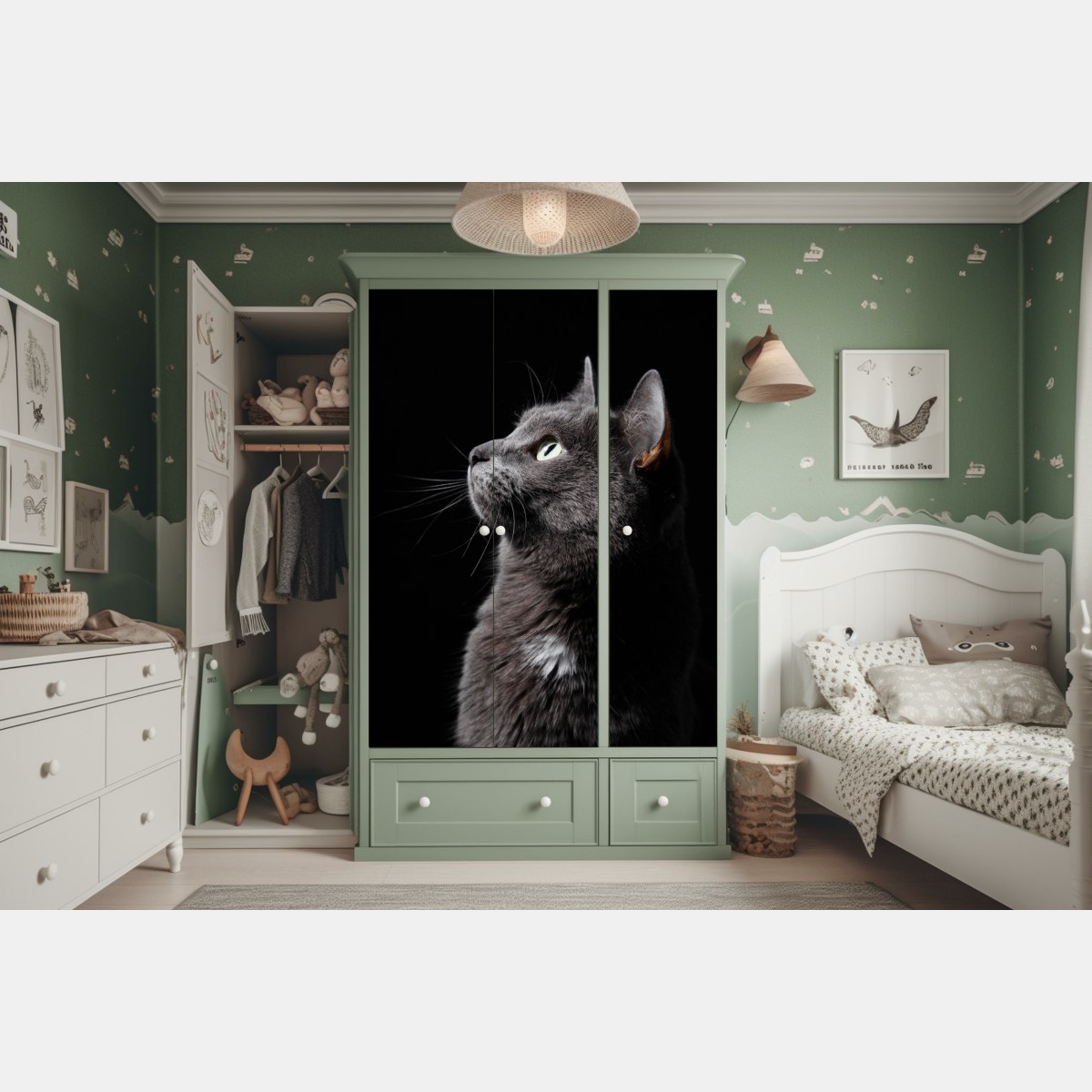 Naklejka na szafę elegancki portret szarego kota – Wallissimo® Naklejka na szafę elegancki portret szarego kota – Wallissimo®