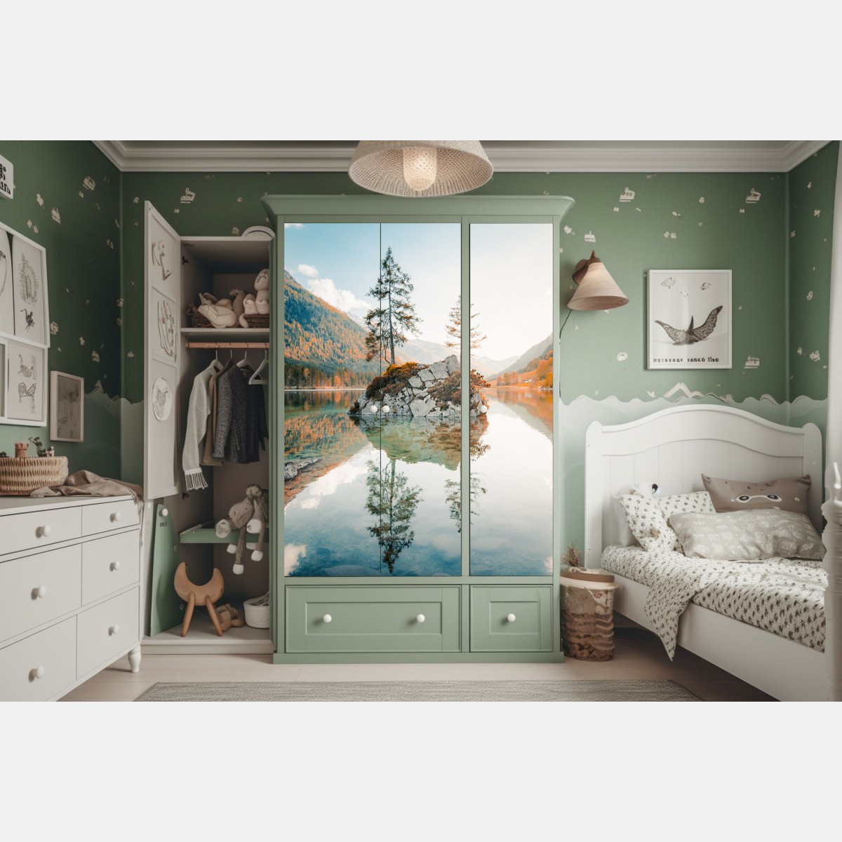 Naklejka na szafę słoneczna skalna wyspa nad jeziorem Hintersee – Wallissimo® Naklejka na szafę słoneczna skalna wyspa nad jeziorem Hintersee – Wallissimo®