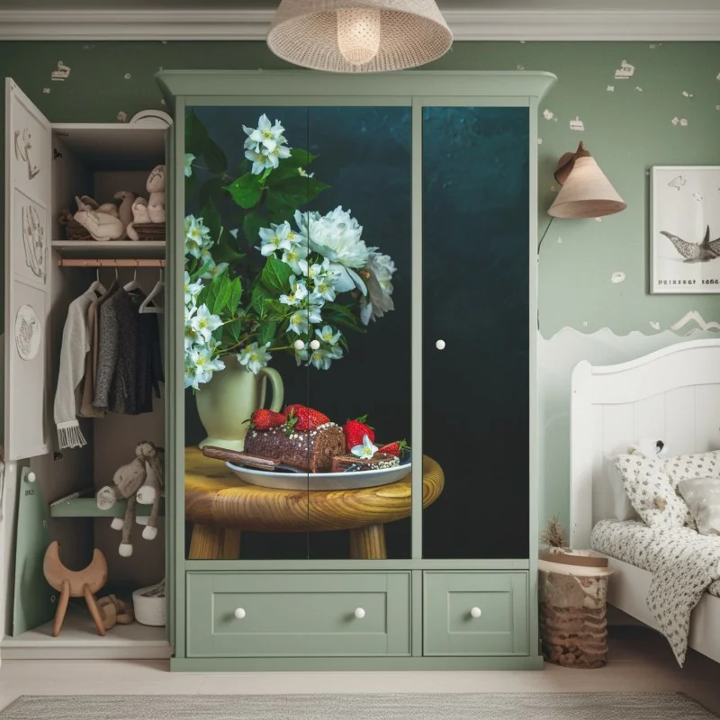 Naklejka na szafę rolada czekoladowa z truskawkami i białymi kwiatami – Wallissimo® Naklejka na szafę rolada czekoladowa z truskawkami i białymi kwiatami – Wallissimo®