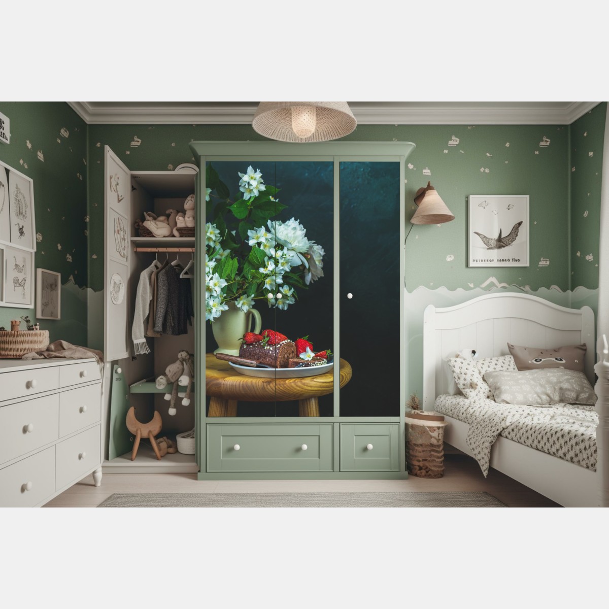 Naklejka na szafę rolada czekoladowa z truskawkami i białymi kwiatami – Wallissimo® Naklejka na szafę rolada czekoladowa z truskawkami i białymi kwiatami – Wallissimo®