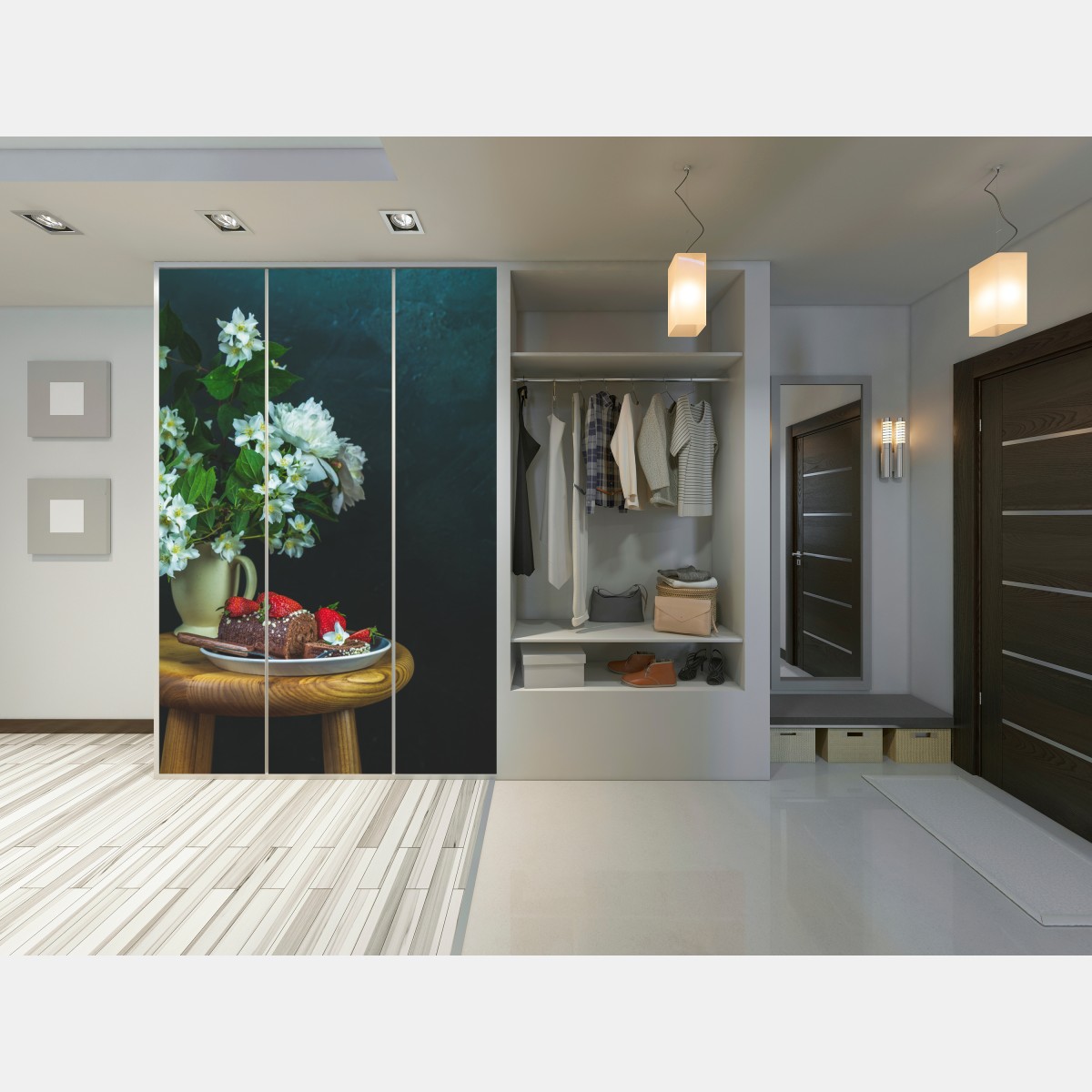 Naklejka na szafę rolada czekoladowa z truskawkami i białymi kwiatami – Wallissimo® Naklejka na szafę rolada czekoladowa z truskawkami i białymi kwiatami – Wallissimo®