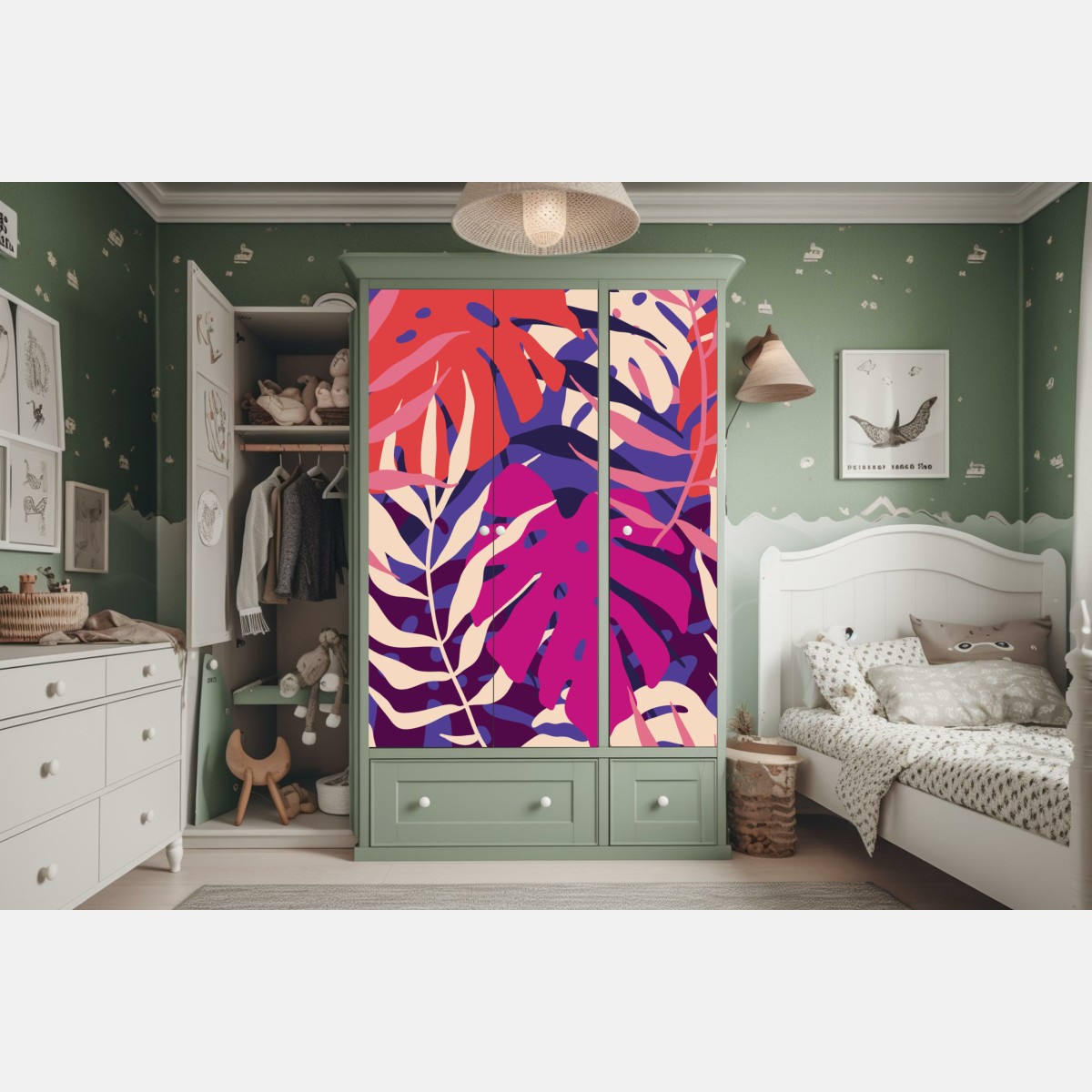 Naklejka na szafę pastelowy tropikalny wzór liści – Wallissimo® Naklejka na szafę pastelowy tropikalny wzór liści – Wallissimo®