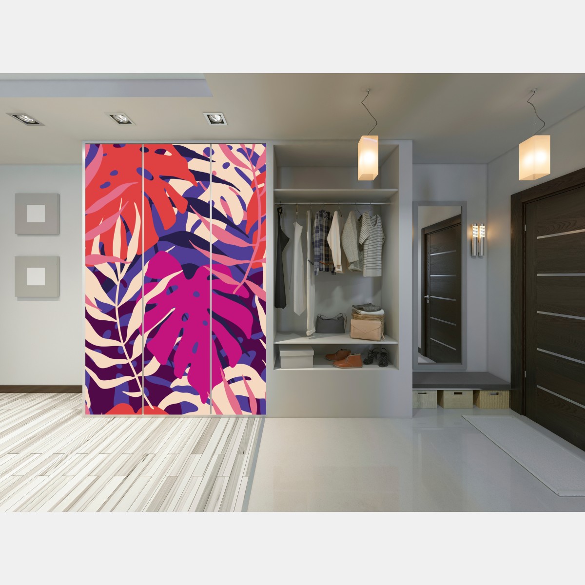 Naklejka na szafę pastelowy tropikalny wzór liści – Wallissimo® Naklejka na szafę pastelowy tropikalny wzór liści – Wallissimo®