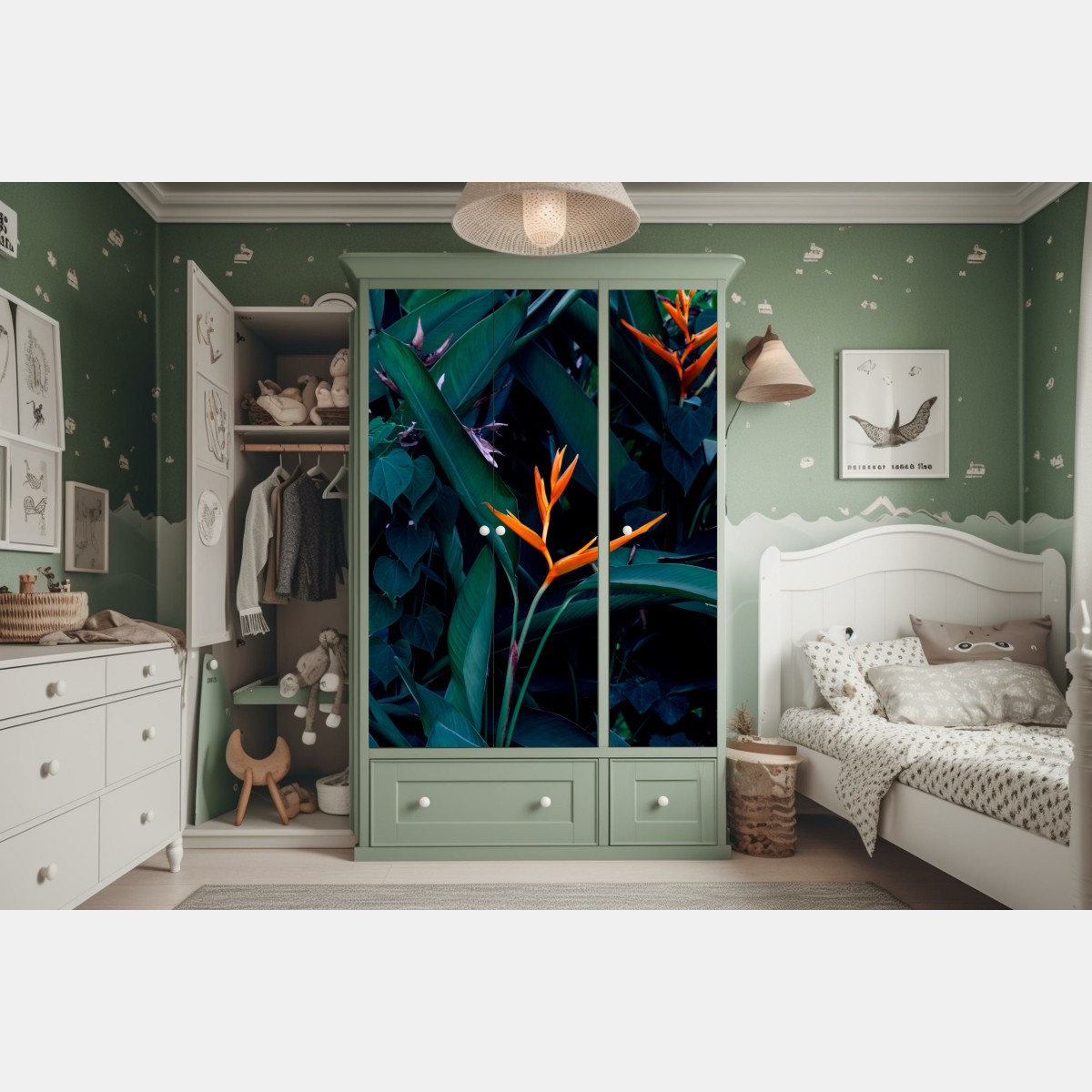 Naklejka na szafę żywa strelicja na tle ciemnozielonych liści – Wallissimo® Naklejka na szafę żywa strelicja na tle ciemnozielonych liści – Wallissimo®