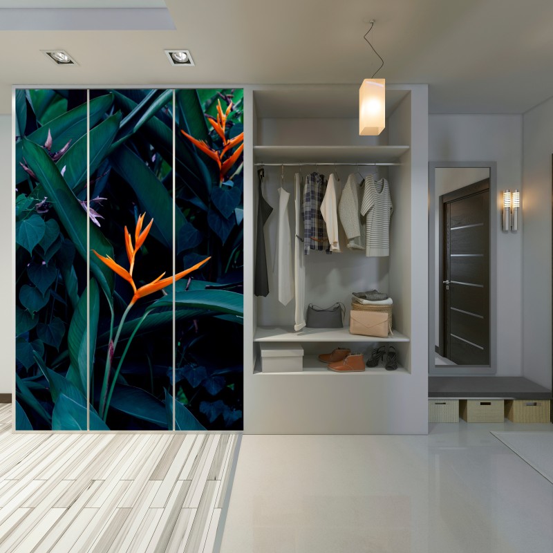 Naklejka na szafę żywa strelicja na tle ciemnozielonych liści – Wallissimo® Naklejka na szafę żywa strelicja na tle ciemnozielonych liści – Wallissimo®