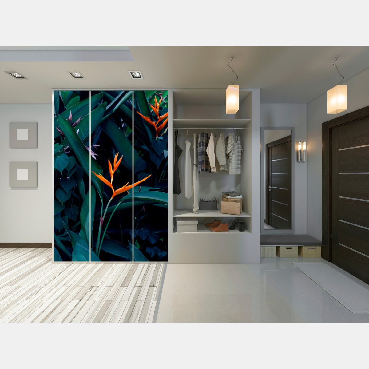 Naklejka na szafę żywa strelicja na tle ciemnozielonych liści – Wallissimo® Naklejka na szafę żywa strelicja na tle ciemnozielonych liści – Wallissimo®