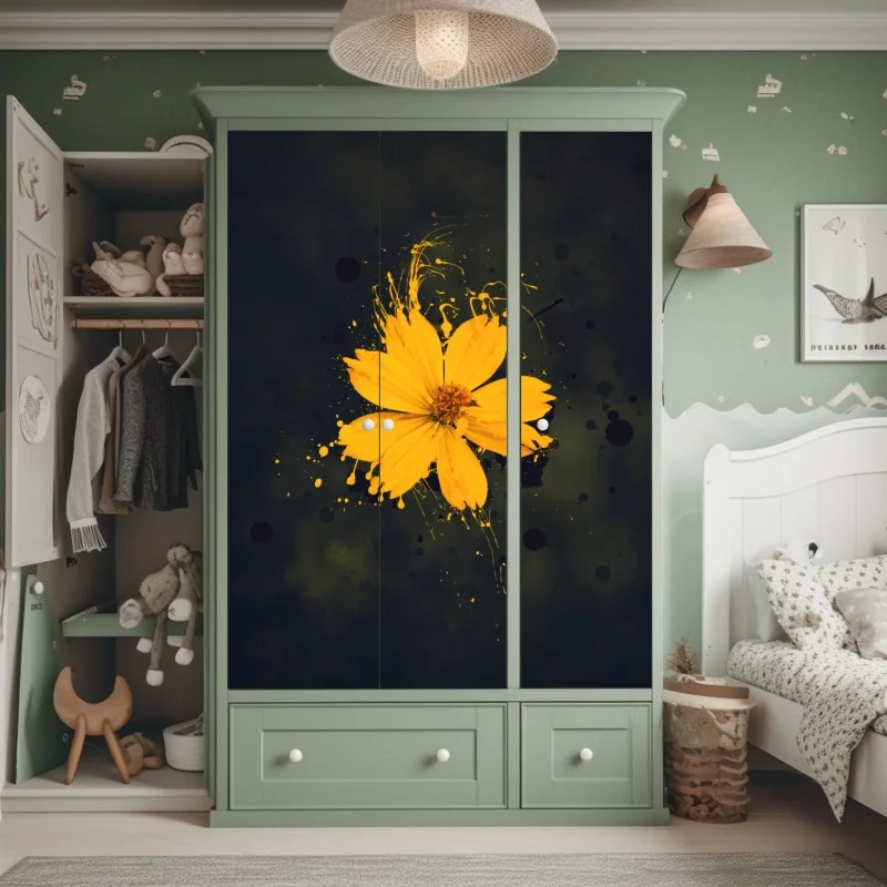 Naklejka na szafę intensywny żółty kwiat na ciemnym tle – Wallissimo® Naklejka na szafę intensywny żółty kwiat na ciemnym tle – Wallissimo®