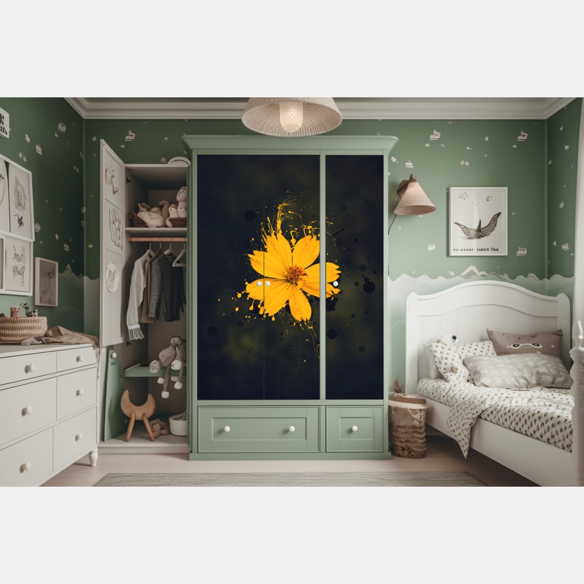 Naklejka na szafę intensywny żółty kwiat na ciemnym tle – Wallissimo® Naklejka na szafę intensywny żółty kwiat na ciemnym tle – Wallissimo®