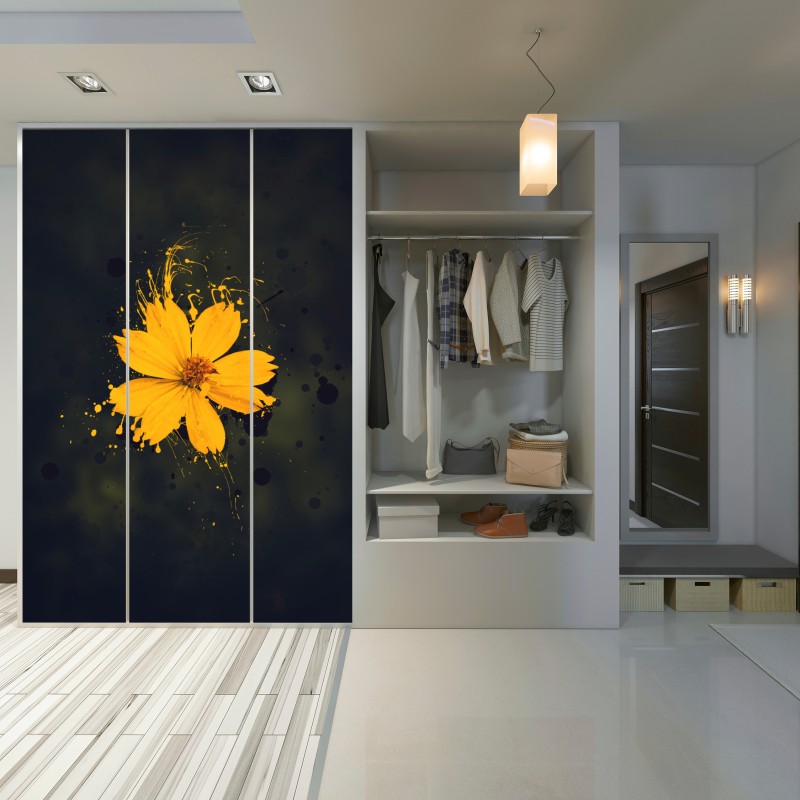 Naklejka na szafę intensywny żółty kwiat na ciemnym tle – Wallissimo® Naklejka na szafę intensywny żółty kwiat na ciemnym tle – Wallissimo®