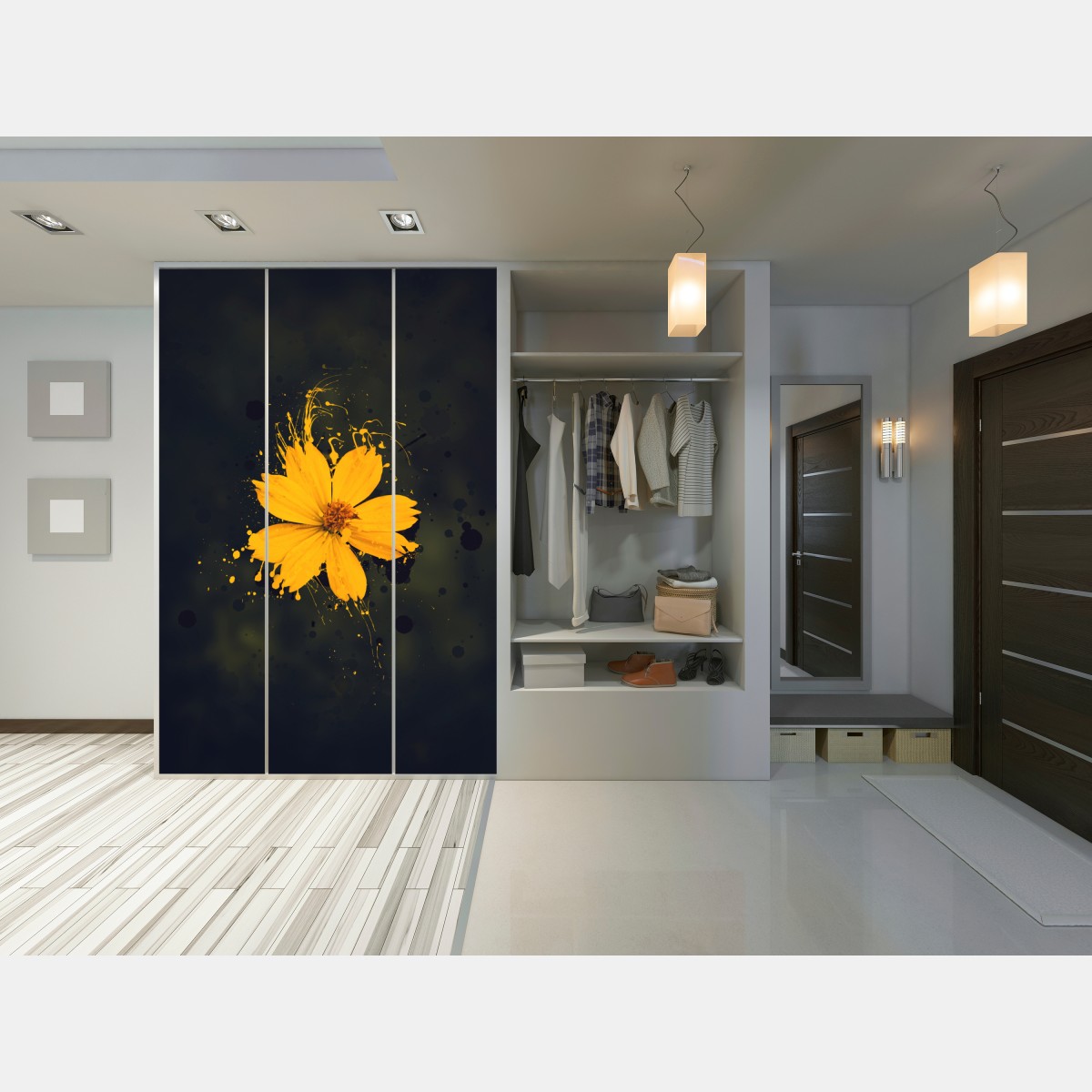 Naklejka na szafę intensywny żółty kwiat na ciemnym tle – Wallissimo® Naklejka na szafę intensywny żółty kwiat na ciemnym tle – Wallissimo®