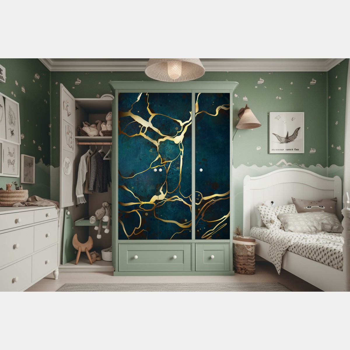 Naklejka na szafę turkusowo-złota abstrakcja ze złotymi żyłami – Wallissimo® Naklejka na szafę turkusowo-złota abstrakcja ze złotymi żyłami – Wallissimo®
