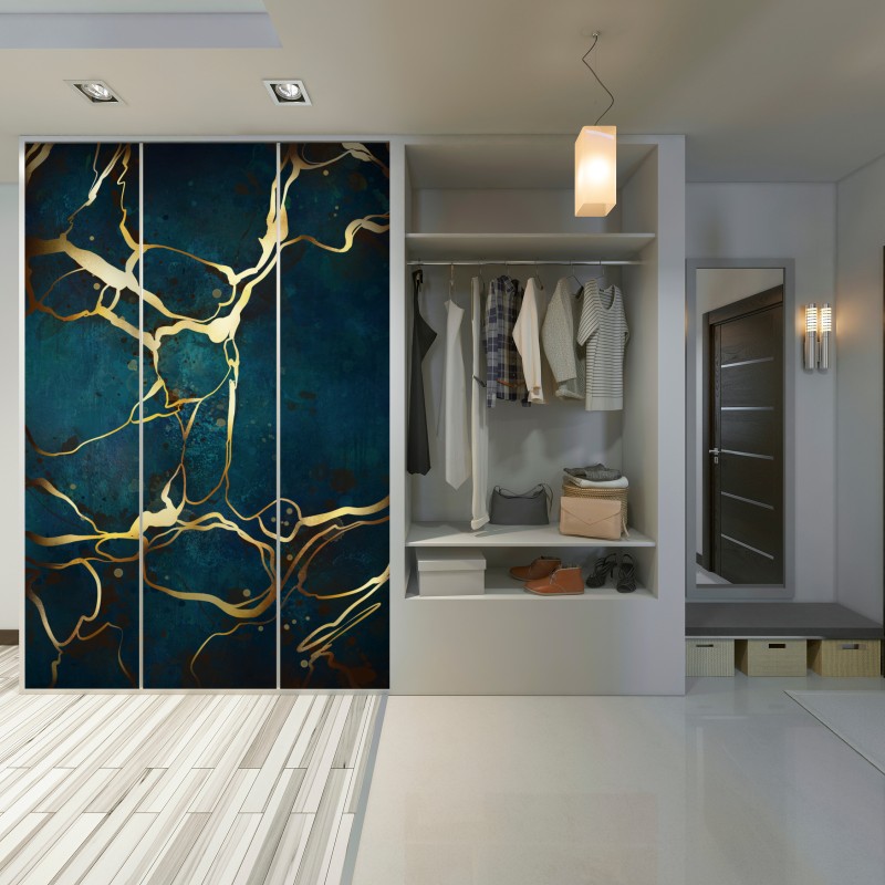 Naklejka na szafę turkusowo-złota abstrakcja ze złotymi żyłami – Wallissimo® Naklejka na szafę turkusowo-złota abstrakcja ze złotymi żyłami – Wallissimo®