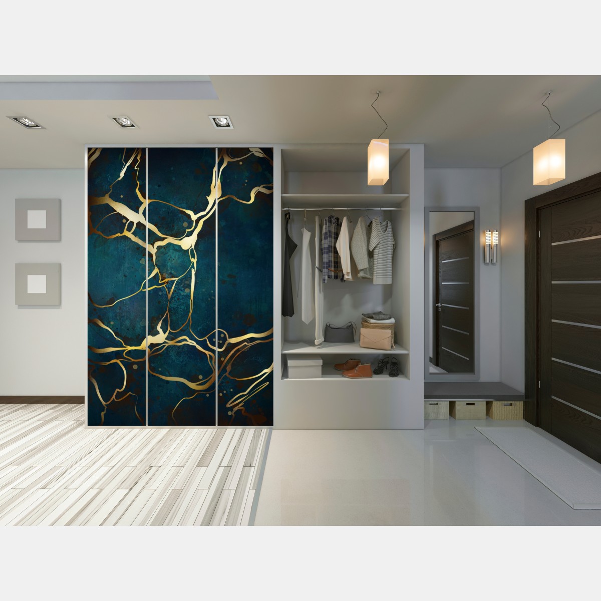 Naklejka na szafę turkusowo-złota abstrakcja ze złotymi żyłami – Wallissimo® Naklejka na szafę turkusowo-złota abstrakcja ze złotymi żyłami – Wallissimo®